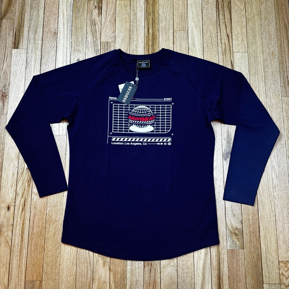NWT Navy Blue Fitness Shirt Pull Over Top RAWGEAR  Front White Logo Size Large